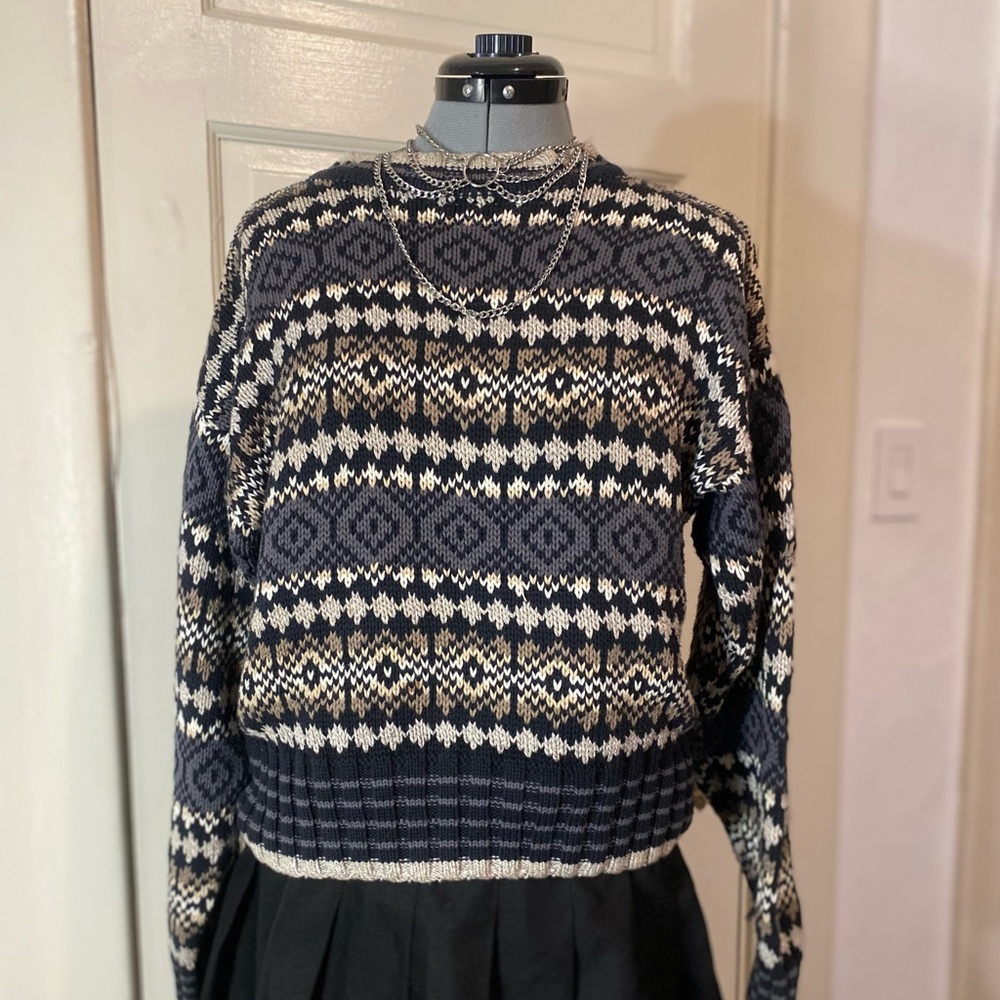 Vintage 80s/90s Lizwear Blue/Black/Crème Knitted Sweater Womens size Medium 🧿